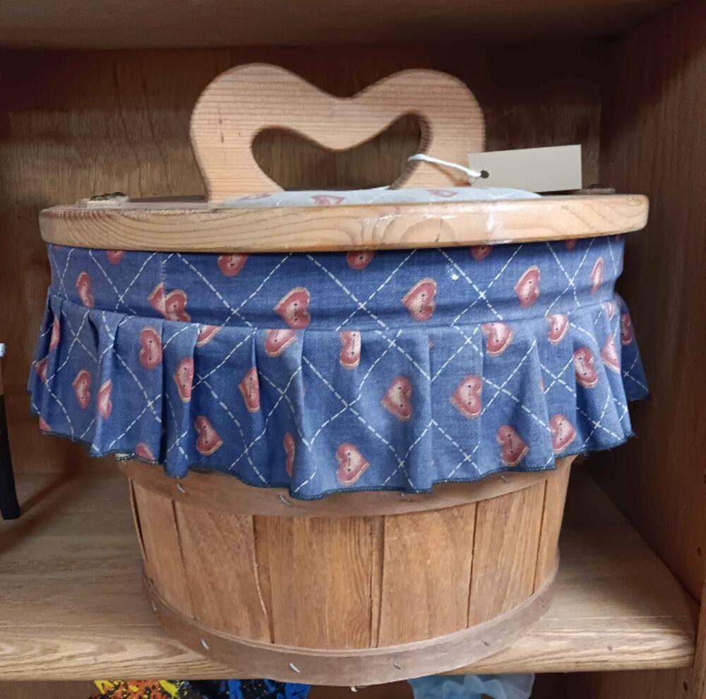 Half Bushel Blue Lined Sewing Basket with Heart Shaped Handle